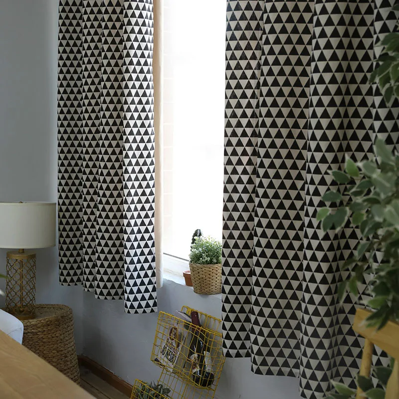 

Linen&Cotton Curtains Japanese and Korean Living Room Bedroom Kitchen Black Geometry Printing Half Blackout Short Window Curtain