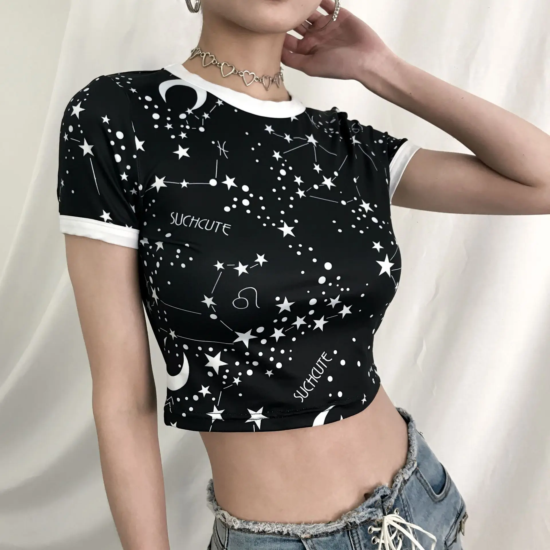 

Women Summer Casual T Shirt Black Short Sleeve Crop Top Constellation Letter Print 2019 T-shirts Tee Shirt Femme Slim