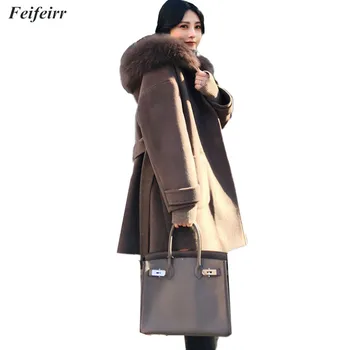 

Women Autumn Winter New Warm Fur Collar Hooded belt middle-Long Loose Woolen Coats Korean version loose Plus Size tide coat