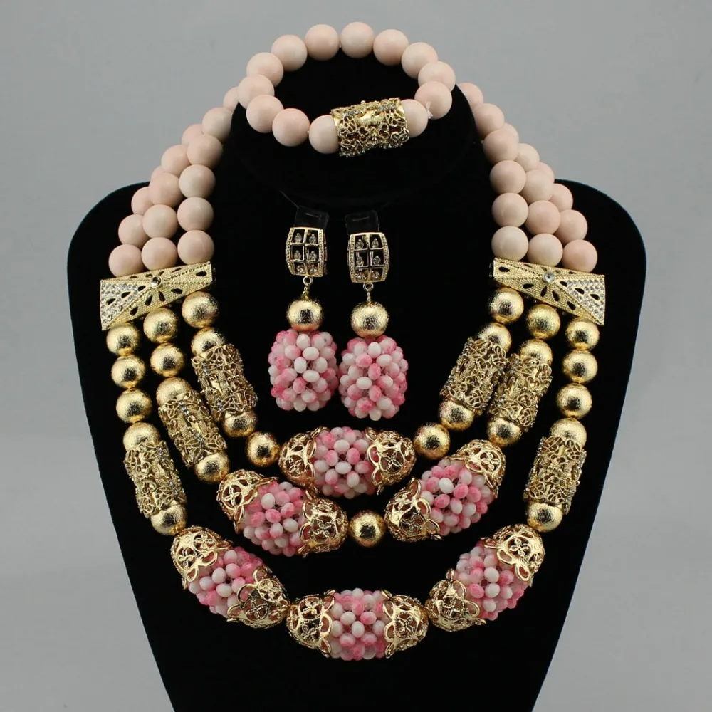 

High quality African Bride's Big Beads Necklace Jewelry Sets Nigerian Bride Necklace Earrings Set Jewelry For Wedding Party