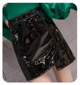 JSMY офисные женские модные юбки с высокой талией из искусственной кожи Пикантные мини Яркая кожаная Асимметричная юбка - Цвет: Черный