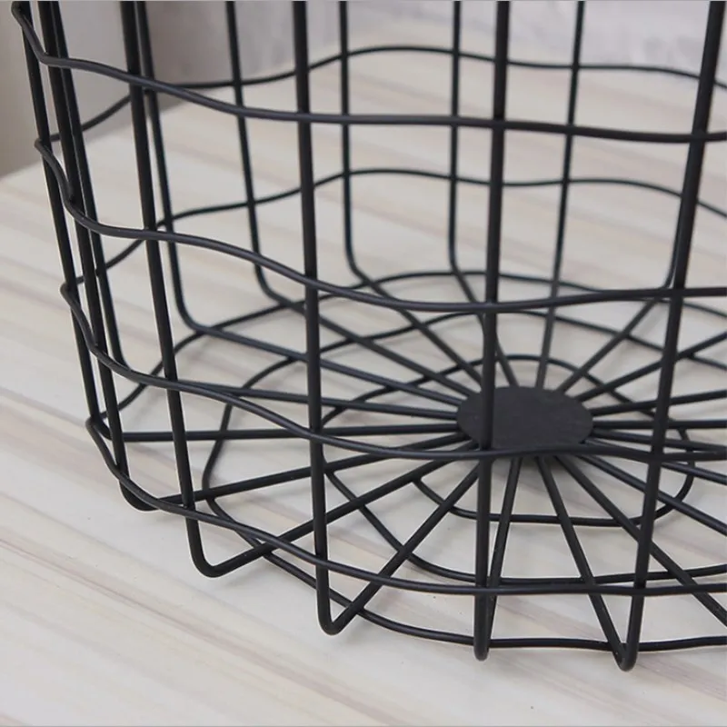 Black Home Storage Basket Geometric Iron Metal Wire Round Tray Magazine Post Flowers Organization Case with Handle