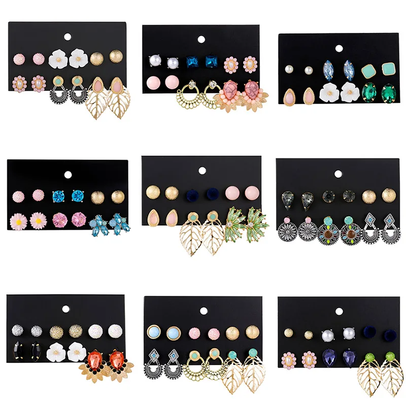 

2019 Fashion Female Vintage Rhinestone Crystal Stud Earrings Set For Women Trendy Gold Metal Geometric Leaf Flower Earring Gifts