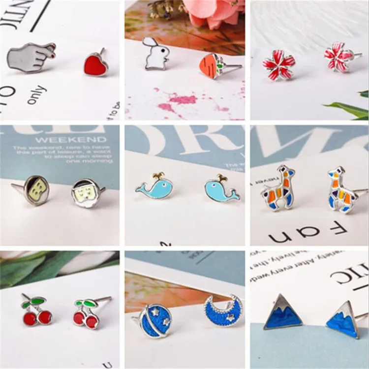 New Temperament 925 Sterling Silver Jewery Fashion Colorful Epoxy Beautiful A Variety of Styles Stud Earrings Animal Plant Bow | Украшения