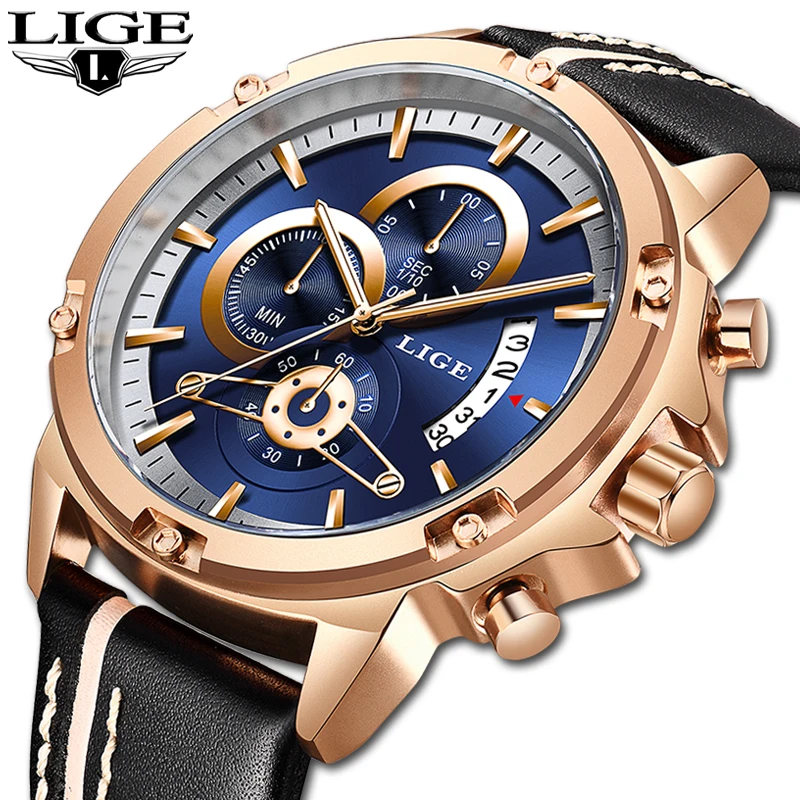 

2019 New LIGE Men's Watch Business Quartz Leather Waterproof Fashion Sports Luminous Watches Chronograph Clock Relogio Masculino
