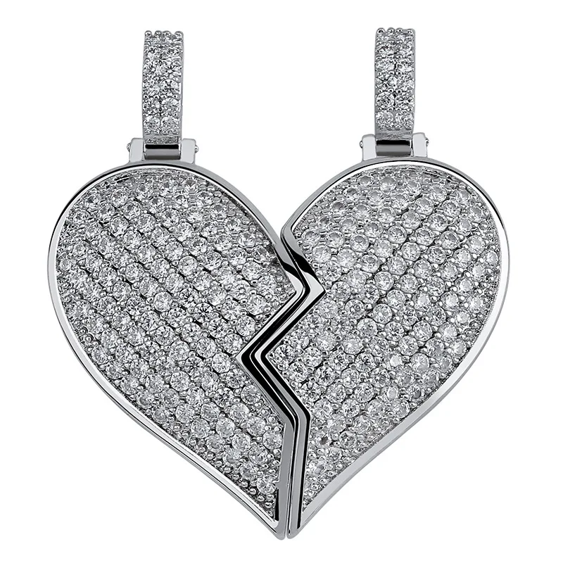 

Hip Hop AAA CZ Cubic Zirconia Bling Ice Out Broken Heart Two BFF Pendants Necklace Men Rapper Jewelry with 24" Rope Chain