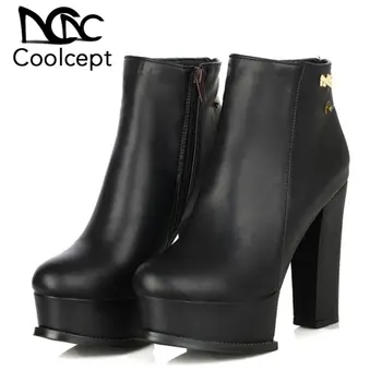 

Coolcept Fashion Women High Heel Boots Zipper Buckle Warm Fur Shoes Women Winter Ankle Boots Thick Heel Footwear Size 34-39