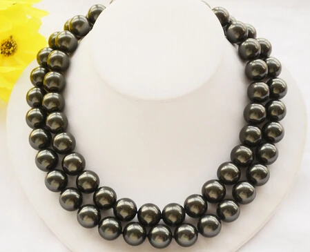 

huij 002057 2strands 14mm Tahitian black round SOUTH SEA SHELL PEARL NECKLACE