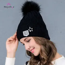 Новый Skullies Для женщин шляпа толстые теплые вязаные Кепки двухэтажные balaclave fleeve женский большой-вязаная шапка с Мех животных помпон шапочки