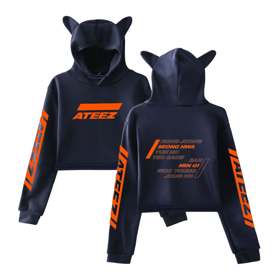  Kpop ATEEZ Cat Crop TopHoodies Sweatshirt Sexy Hoodies Harajuku Hongjoong Seonghwa Yunho Yeosang Sa