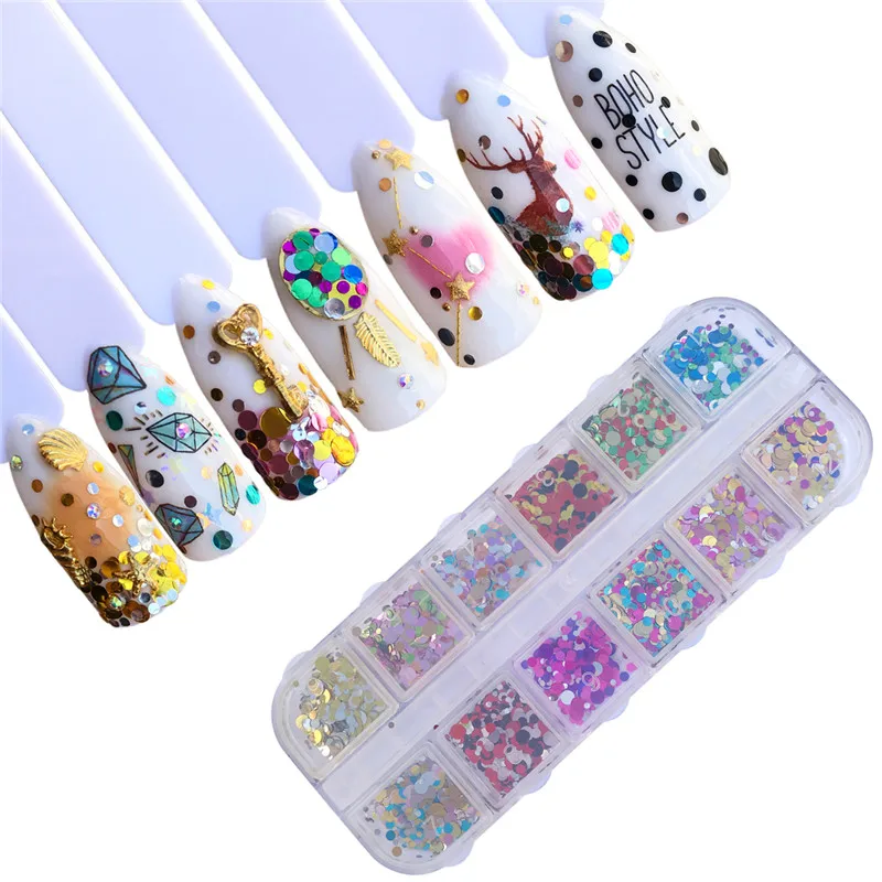 

WUF 12 Styles Shiny Round Ultrathin Nail Sequins Mixed Size Colorful Nail Tips Decorations Manicure 3D Nail Accessories