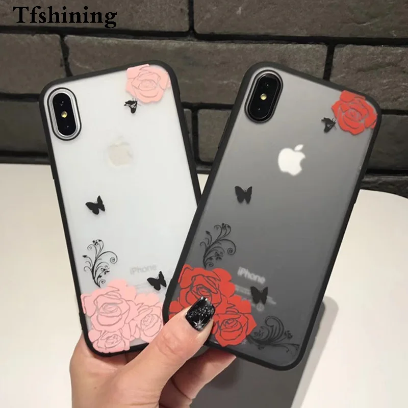 

Tfshining Silicone Matte Case for iPhone 8 7 6s Plus X Soft TPU bumper Hard PC Floral Phone Cases Back Cover for apple 7 bag New