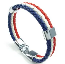 Jewelry Mens Womens PU Leather Braided Soccer Fan Nation Wristband Team Feather Bracelet French Flag Cuff Blue White Red