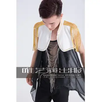 

Stand collar personality slim male sleeveless tassel sequins vest men punk rock costumes hombre singer dance stage white fashion