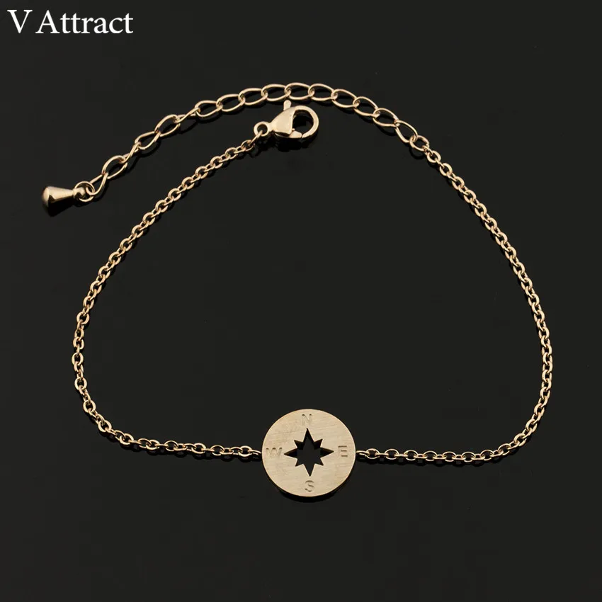 V Attract Vintage Compass Charm Bracelet Gold Silver Stainless Steel Chain Simple Geometric Round Pulseira Women Men Jewelry - Окраска металла: Покрытие из розового золота