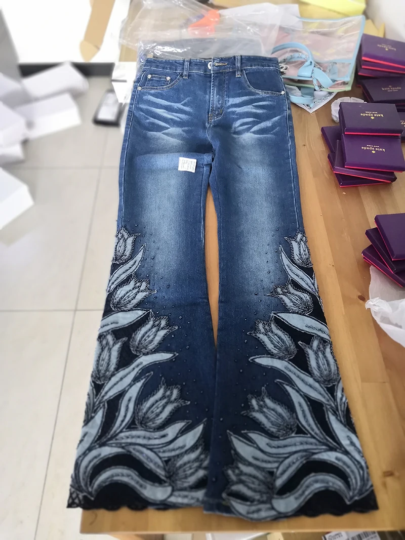Весенние женские роскошные тюльпаны Бисероплетение Вышитые расклешенные джинсы женские сапоги с вышивкой кружева расклешенные джинсы