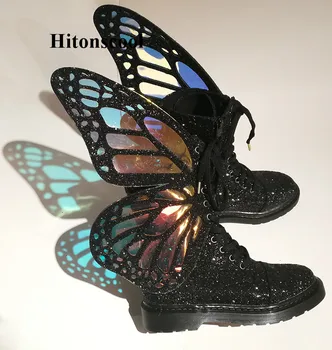 

Women Shine Silver Short Boots with Butterfly Wings Fashion Winter Warm Chelsea Booties Shoes 2019 New Ladies Flats Botine Mujer