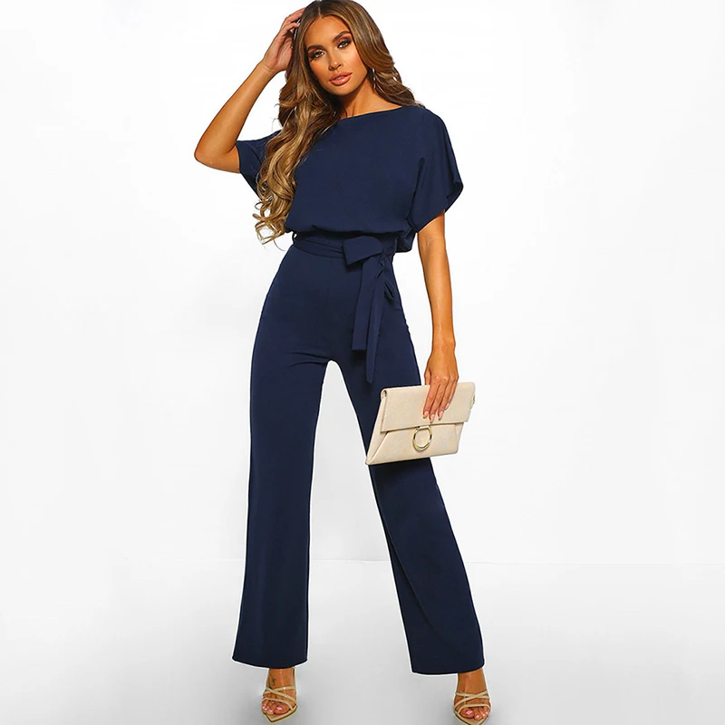 

Office Lady Spring And Summer Solid Color O Neck Fashion With Button Short Sleeve High Waist Cool Wide Leg women's Jumpsuit