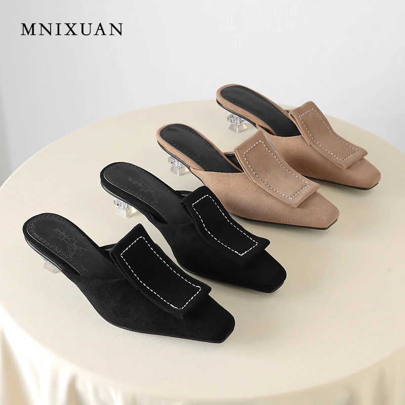 

MNIXUAN Fashion new summer shoes women mules pumps 2019 spring new suede square toe slip on medium heels slippers sandals size40