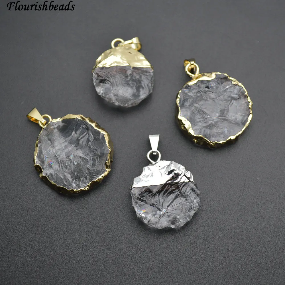 New design Natural Clear Crystal Rough Stone Flat Round Pendants
