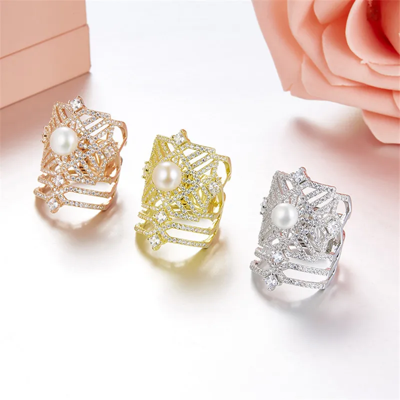

YP131 925 Sterling Silver Crystal Zircon Hollow Pearl Shield Finger Ring Animal Mask Face Ring Women Wedding Christmas Jewelry