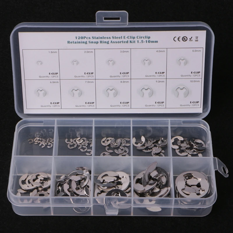 

120PCS 1.5mm-10mm E-Clip Assortment Kit Stainless Steel Retaining Circlip Set Washer Set Hardware Accessories New