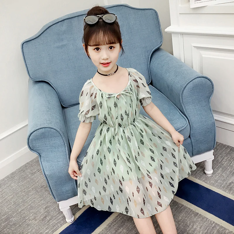 

Chiffon Dresses for Girls Rhombus Print Dresses Children Clothing Short Sleeve Baby Kids Clothes for Summer Holiday