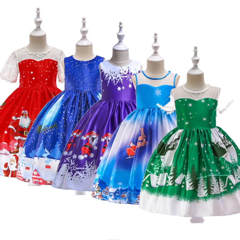 

2018 Hot Girls Christmas Dress Santa Claus Snow Lace Stitching Dress Cartoon Satin Print Christmas Carnival Fancy Dress 3-10Year