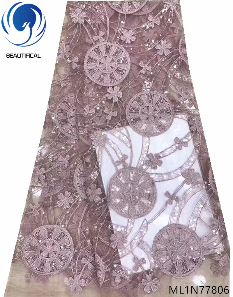 

Beautifical french lace fabrics Latest roundness design embroidery net lace fabric with sequins for wedding 5yards/lot ML1N778