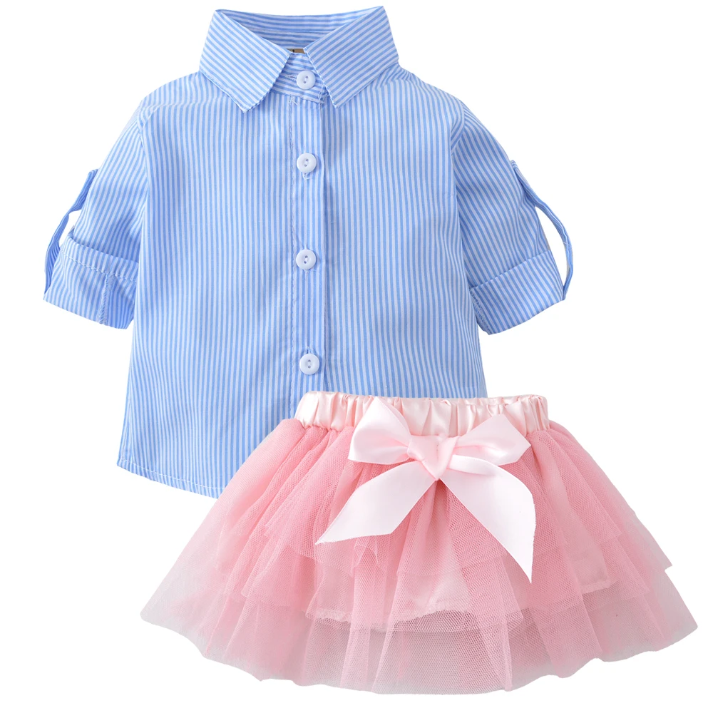 Комплект летней одежды из 2 предметов для маленьких девочек, футболка, топ, кружевная юбка-пачка в полоску с бантом, комплекты одежды для малышей