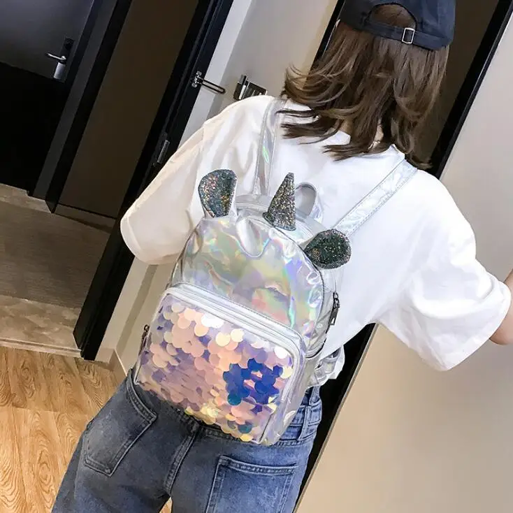 

ashion Leather Unicorn Backpack For Women Girls Clear Mermaid Sequins Travel Bag Teenager Student Schoolbag Mochila Feminina