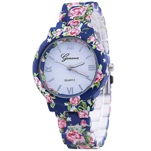 Nuevas flores mujeres reloj de Ginebra platino flor impresa de plástico banda analógico reloj de cuarzo de muñeca para mujeres de moda Vintage reloj de señoras