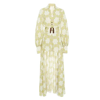 

Elegant Printed Women Dress V Neck Long Sleeve High Waist Slim Asymmetrical Ankle Length Dresses Female Fashion 2019 New