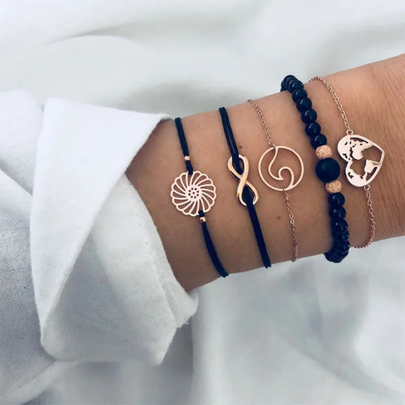 

Punk Heart Map Wave Beads Flower Digital Chain Leather Gold Multilayer Bracelet Set Women Exquisite Clothing Jewelry
