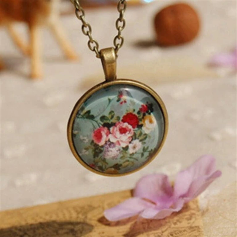 New Arrival Japanese Style Necklace Round Hand-painted Retro Floral Pendant Alloy Glass Jewelry Fashion Popular NE110 | Украшения и
