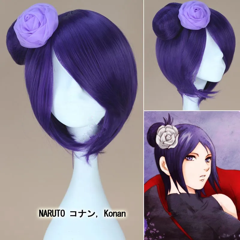 

Anime NARUTO Akatsuki Konan Cosplay Wigs Women Girls Purple Fluffy Synthesis Hair Wig With Head Flower Fancy Ball Cosplay Props