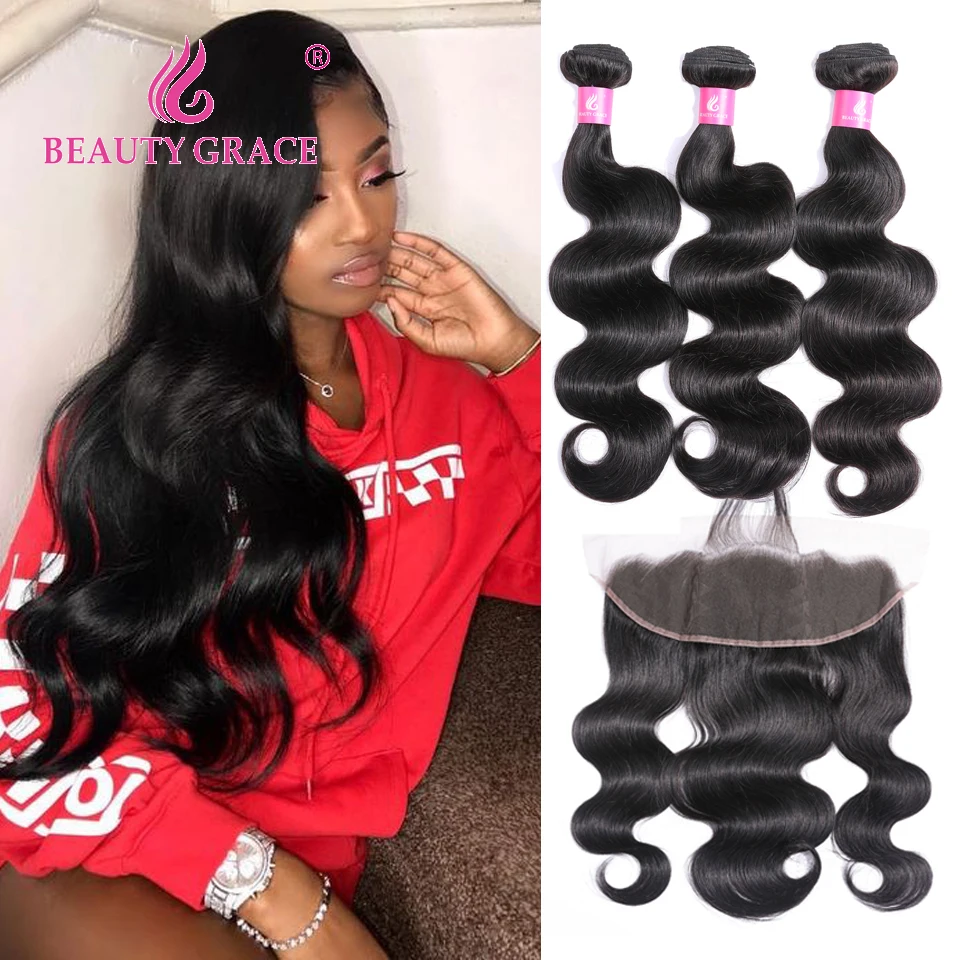 

Beauty Grace Hair Brazilian Body Wave Human Hair Weave 3 Bundles With Frontal Non Remy Lace Frontal Closure With Bundles