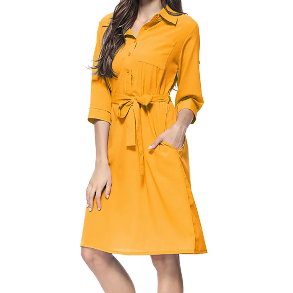 Summer Dress Women Fashion Casual Solid Color Pockets Button Turn-down Collar Three Quarter Sleeve Knee Length Vestidos OY41