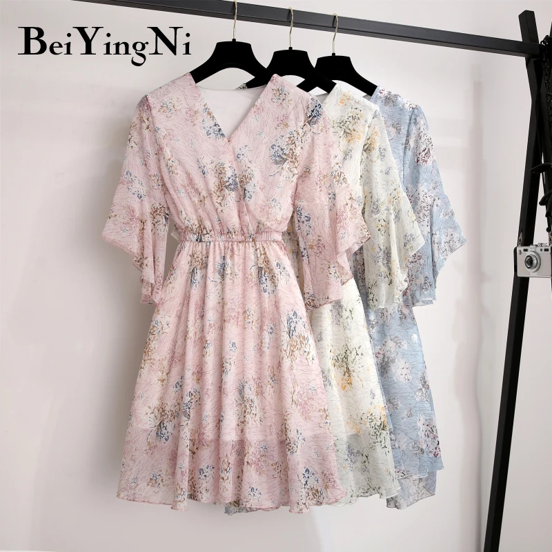 

Beiyingni Dress Women Flare Sleeve Print Summer Kpop Style Chiffon Mini Dress Sweet Fashion Simple Leisure OL Vestido De Fiesta