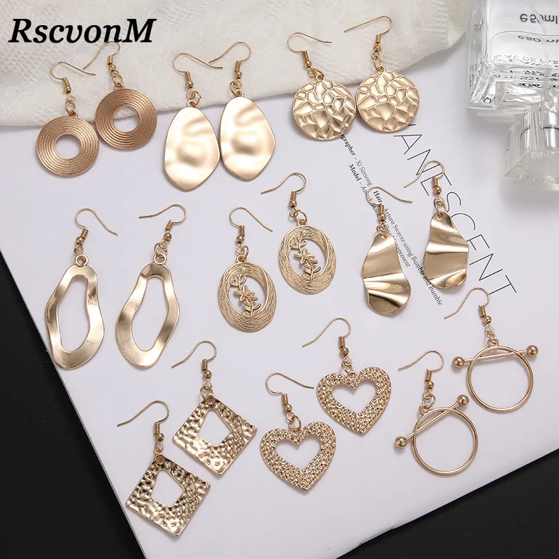 

Gold Geometric Dangle Earrings For Women New Design Round Heart Hollow Drop Earring Brincos Metal Statement Vintage Jewelry