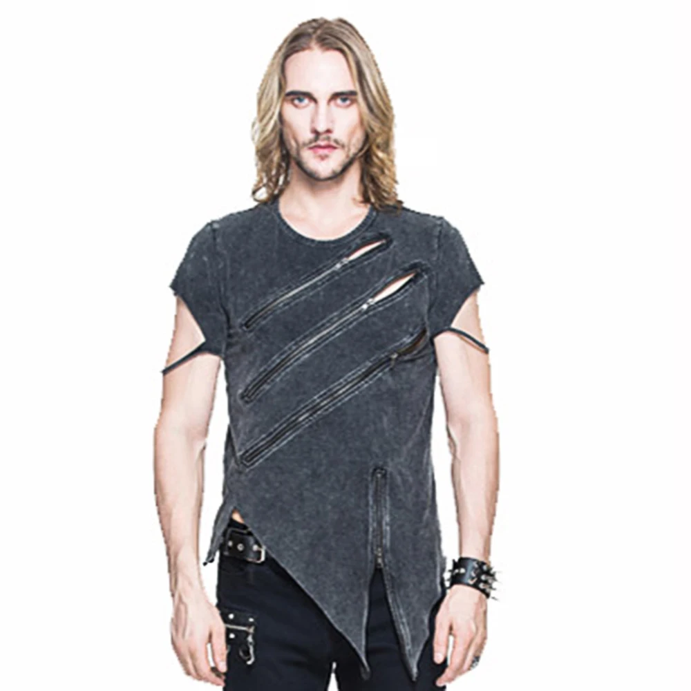 

Punk Men Short Sleeve Zipper Asymmetrial T Shirt Casual CottonT-Shirt Summer Do Old Black Tee Tops