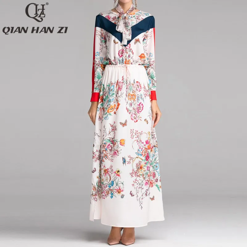 

Qian Han Zi newest Designer fashion runway Maxi dress Women's Long Sleeve Bow Vintage Floral Print High Split Beach long Dress