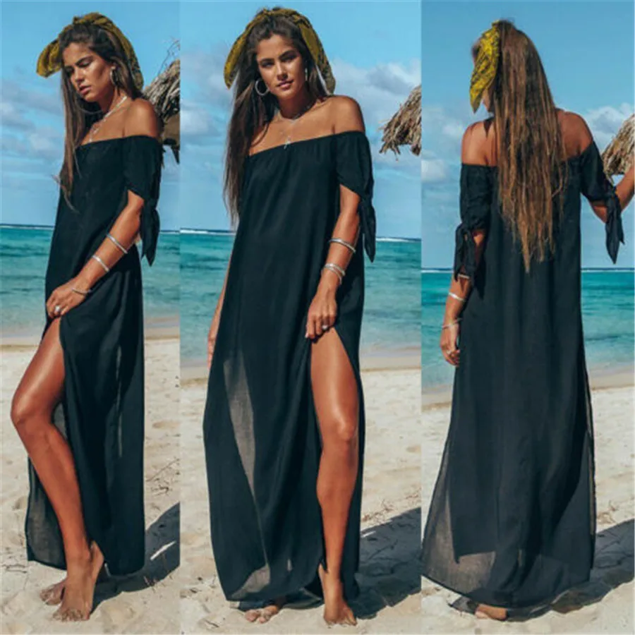 

Womens Loose Chiffon Maxi Summer Sexy Perspective Split Beach Long Dress Off Shoulder Cocktail Party Vacation Dress 2019