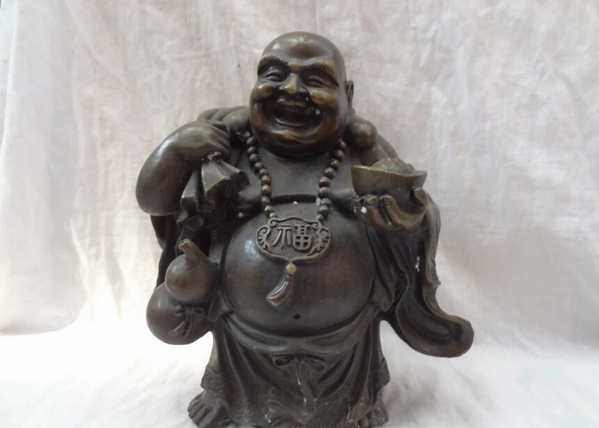 

Collectible bronze S1381 10" Chinese Bronze YuanBao Happy Laughing Maitreya Buddha Coin Money Bag Statue (B0328)