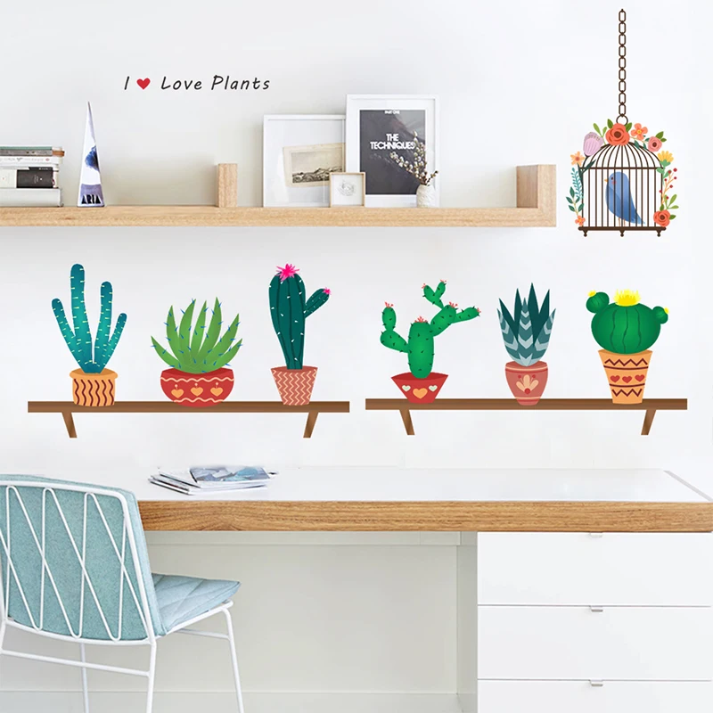 Creative Cactus Flower Pot Wall Stickers For Living Room Bedroom Decorations Home Decals DIY