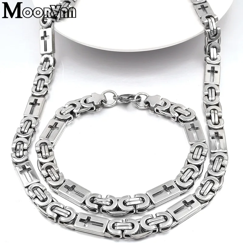 Moorvan уникальное плоское византийское ожерелье/браслет(55,5 см+ 22,5 см) Мужская цепочка с крестом ювелирный набор VBD028