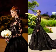2016 neue Schwarz Vintage Gothic Abendkleider Long Sleeve High Neck spitze Tüll Taft A Line Abendkleider mit Sweep Zug E67