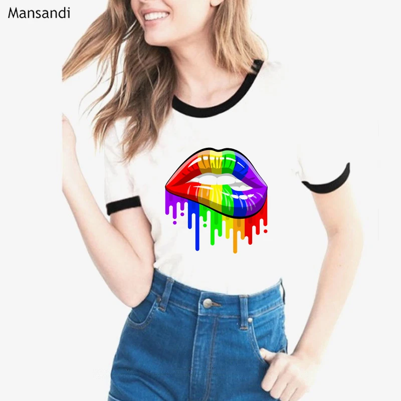 

2019 summer tops fashion watercolor Rainbow Pride Lips t shirt women harajuku kawaii t-shirt femme white casual tshirt female