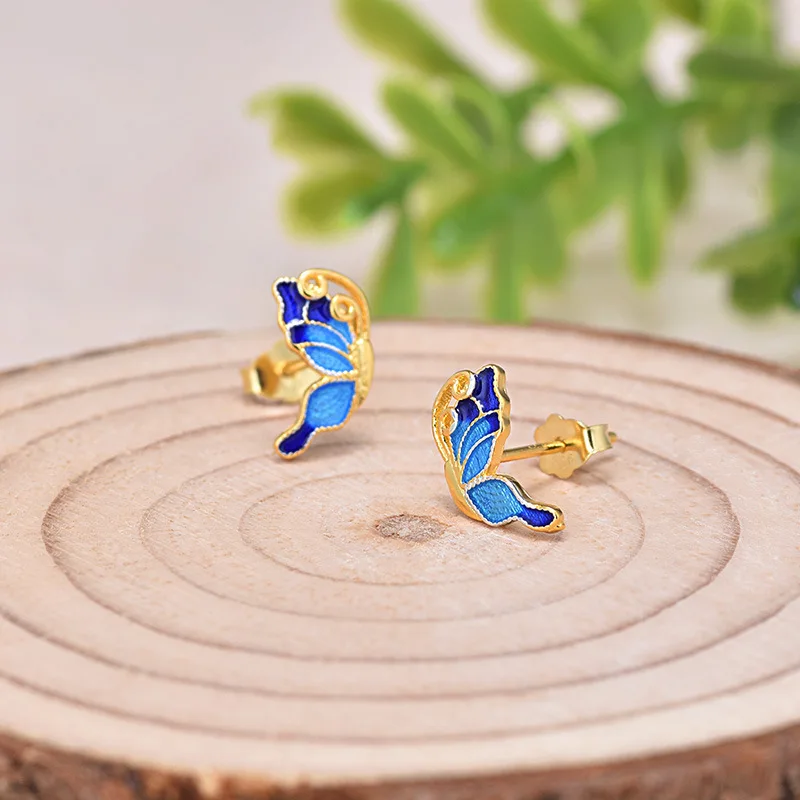 Gold Silver Plating Blue Color Simple  Butterfly Stud Earrings Chinese Cloisonne Enamel Charm Jewelry Fashion Animal Earrings (2)