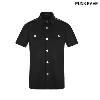 

Fashion Minimalist Metal Buttons Double Pockets Men Blouse Gothic Elastic Twill Fabric Short Sleeve Shirts PUNK RAVE OY-860CDM